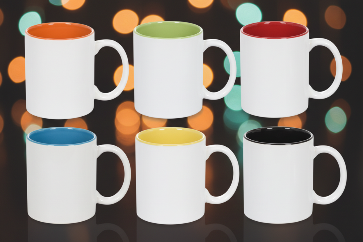 Set of white mugs with colorful interior designs on a reflective surface with blurred lights in the background.