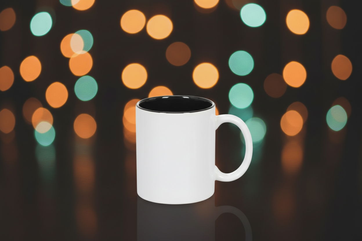 White mug with black interior on a reflective surface with blurred colorful lights in the background