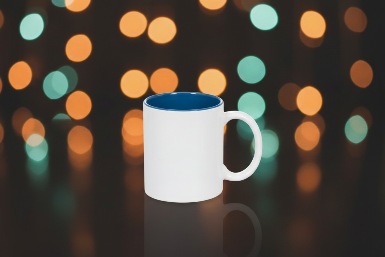 White mug with a blue interior against a festive background with blurred lights