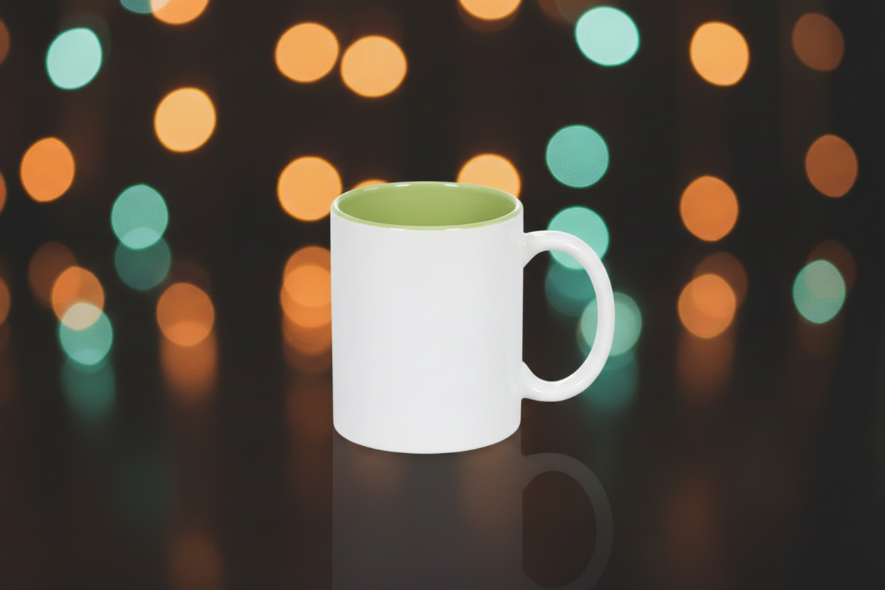 White mug with a green interior against a festive background with colorful lights