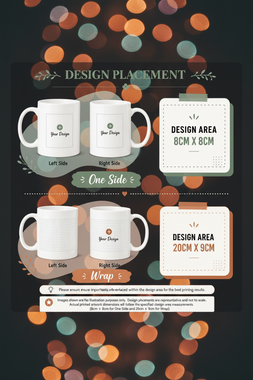Design Placement infographic showing One Side (8cm x 8cm) and Wrap (20cm x 9cm) options on dark bokeh background