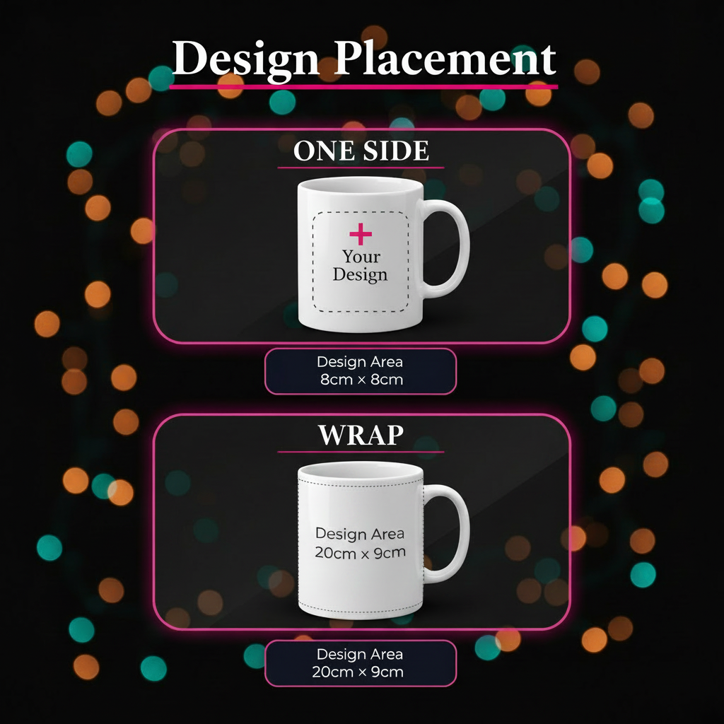 Design Placement infographic showing One Side and Wrap options with bokeh fairy lights background