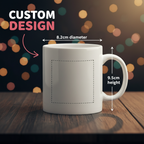 White mug with dimensions on a wooden surface and colorful blurred lights in the background