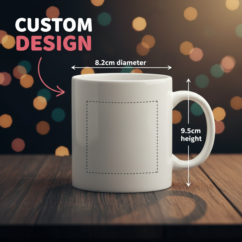 White mug with dimensions on a wooden surface and colorful blurred lights in the background