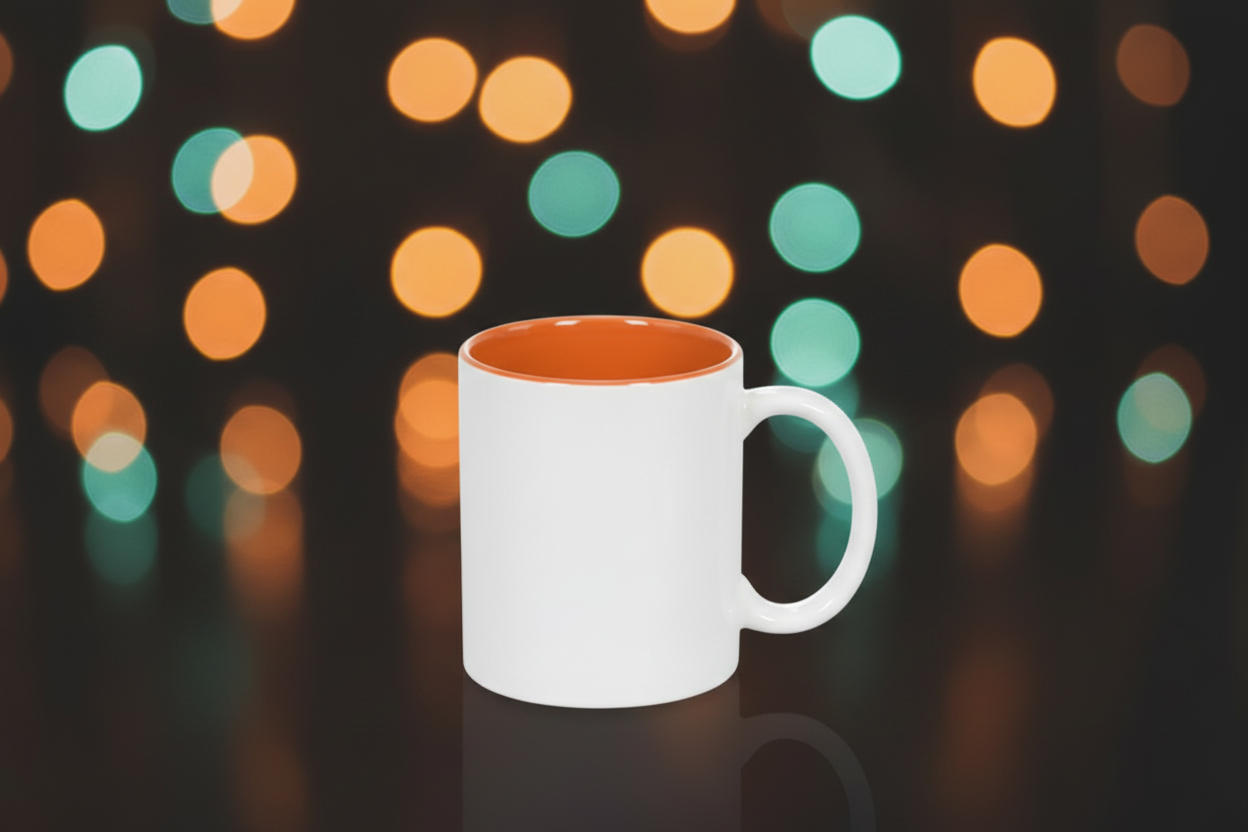 White mug with orange interior against a festive background with colorful lights