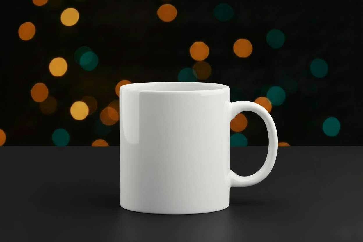 White mug on a dark surface with a blurred colorful background